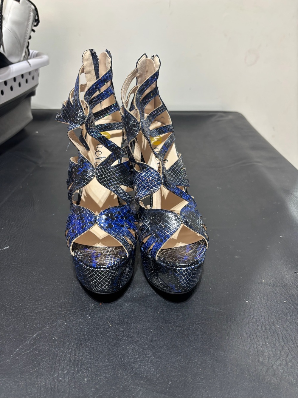 Blue Snakeskin Platform Strappy Sandals